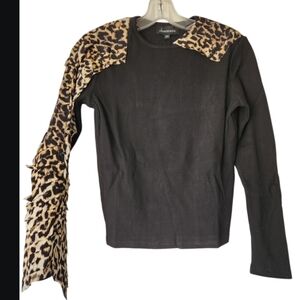 Charmante Black Ribbed Blouse with Leopard Accent